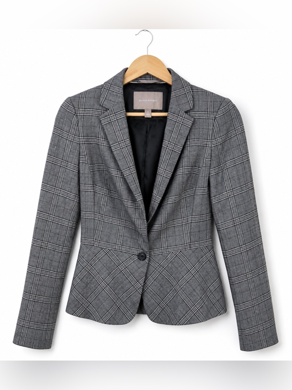 Banana Republic Gray Glen Plaid Tailored Blazer Size 0 Single Button Career